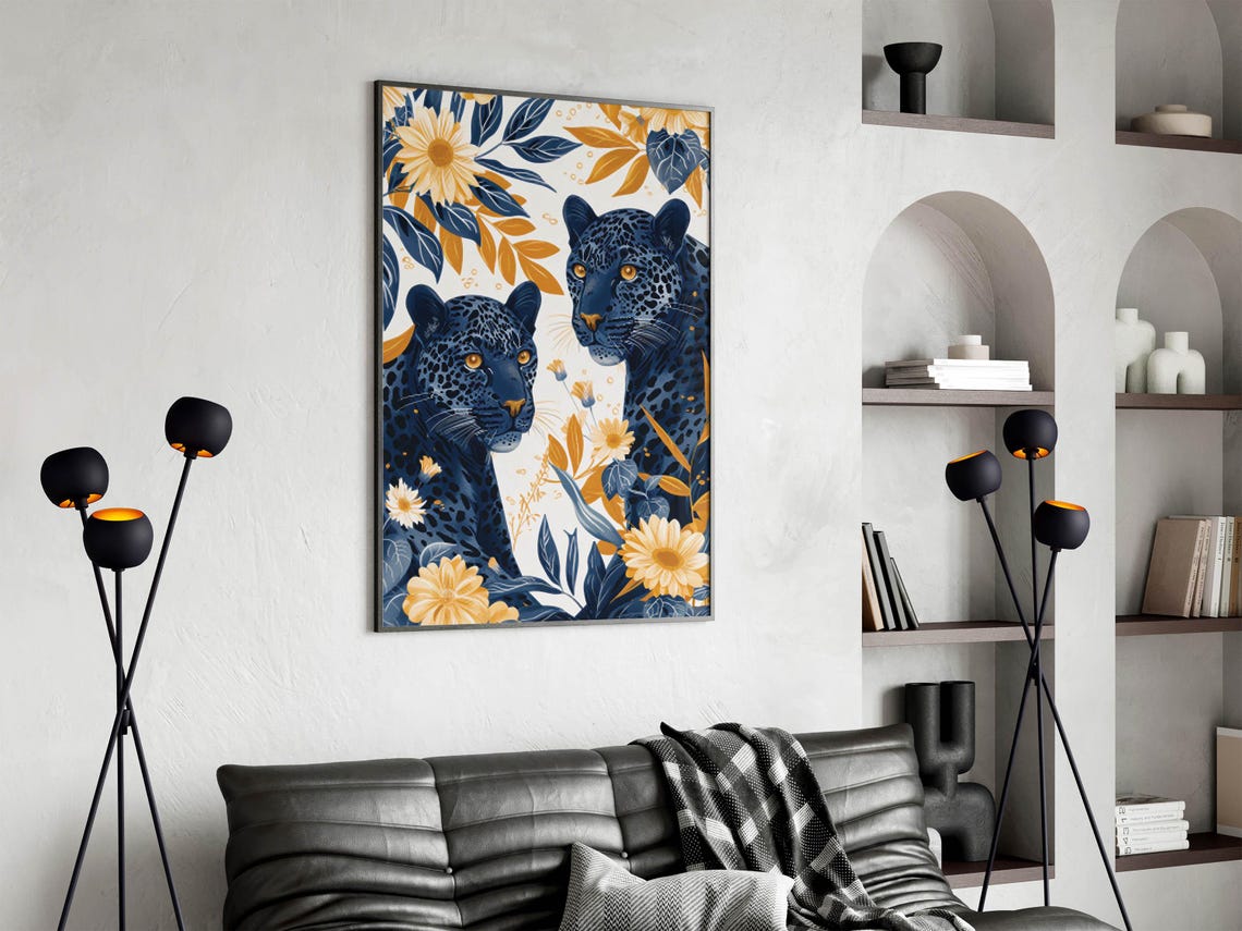 Two Blue Leopards Among Golden Daisies in Navy and Gold Poster - Image 4