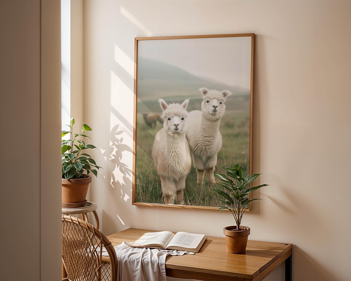 White Alpacas in a Misty Morning Meadow Vintage Style Art Poster - Image 6