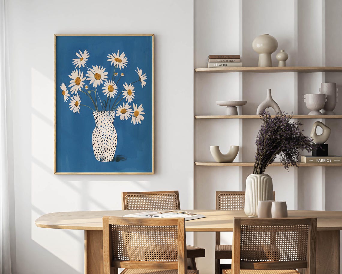 White Daisies in Spotted Vase on Cobalt Blue Modern Floral Poster - Image 2