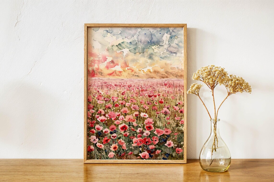 Red Poppy Field at Sunset Watercolor Floral Landscape Art Poster - Image 6