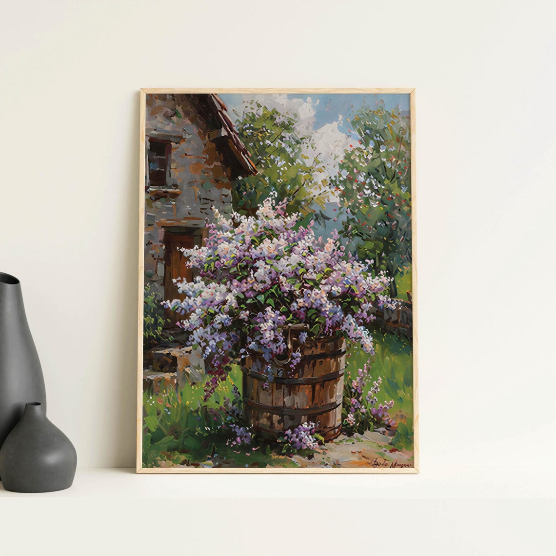 Overflowing Lilac Barrel at Rustic Cottage Doorway Art Poster