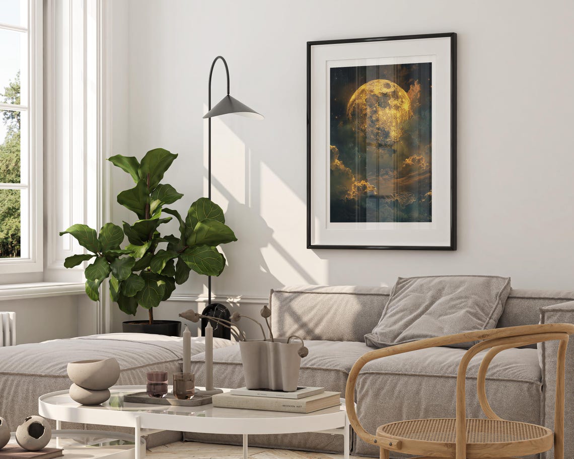 Giant Golden Moon Behind Dark Storm Clouds Moody Night Poster - Image 4