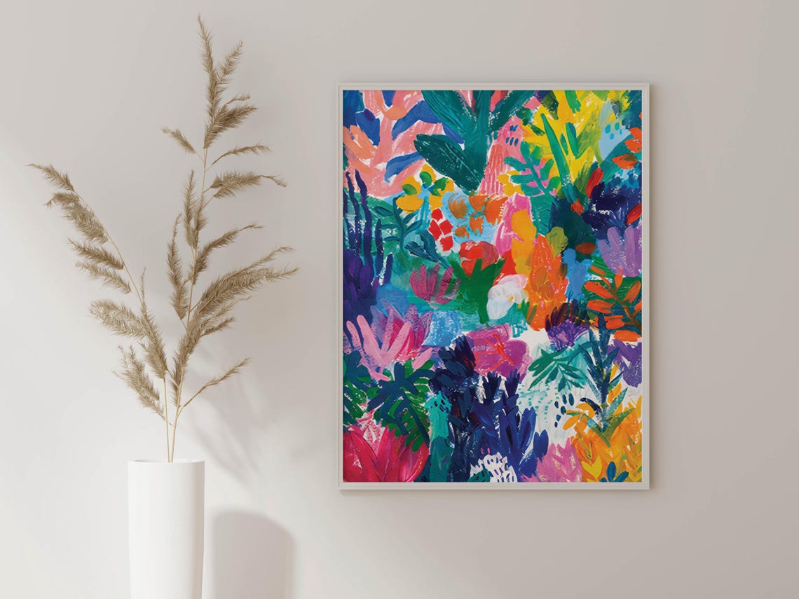 Bold Colorful Abstract Botanical Painting in Pink and Purple Poster