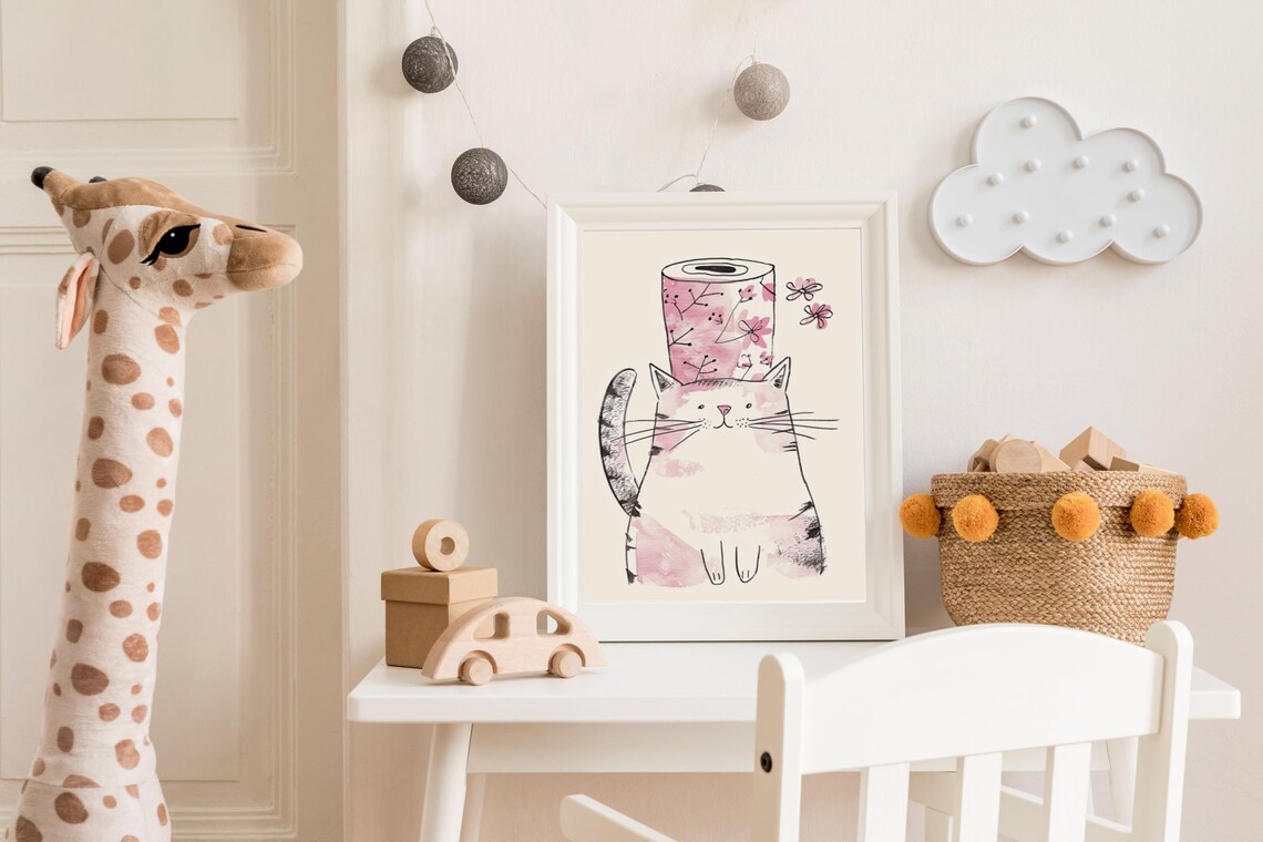 Cute Cat Balancing Floral Paper Roll on Head Watercolor Art Poster - Image 4