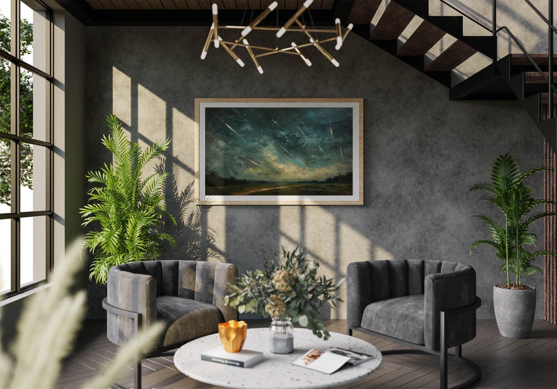 Vibrant Meteor Shower Over Teal Meadow Starry Night Art Poster - Image 3
