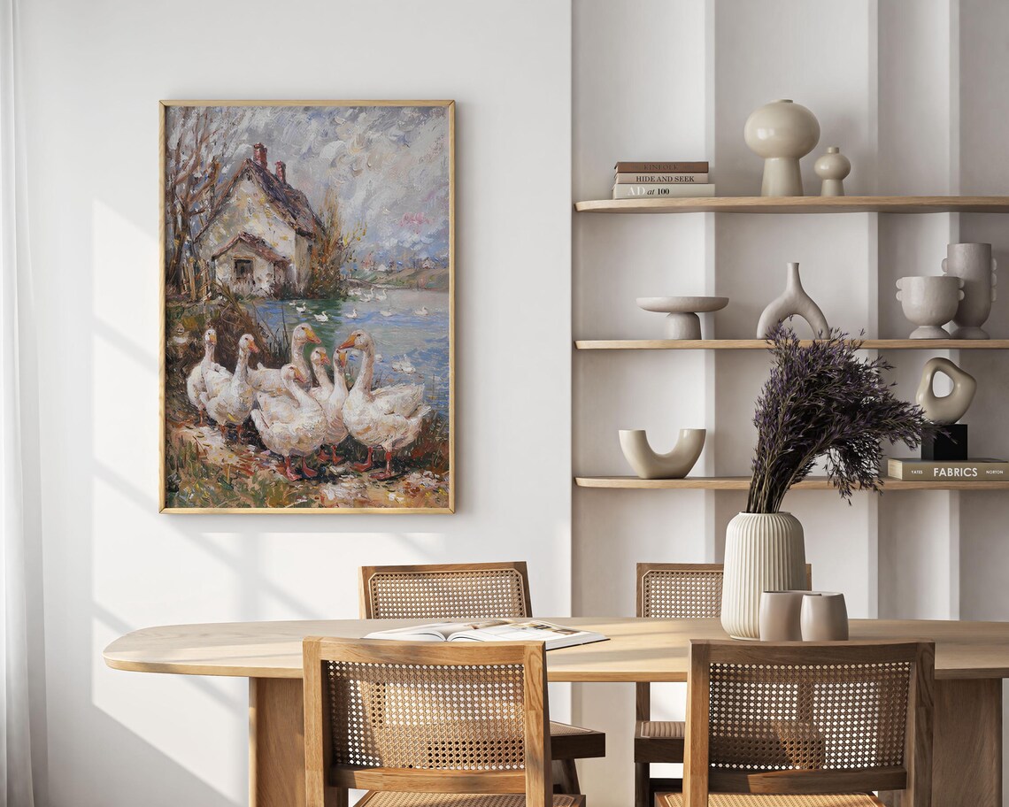 Flock of White Geese by a Cottage Pond in Impressionist Oil Poster - Image 5