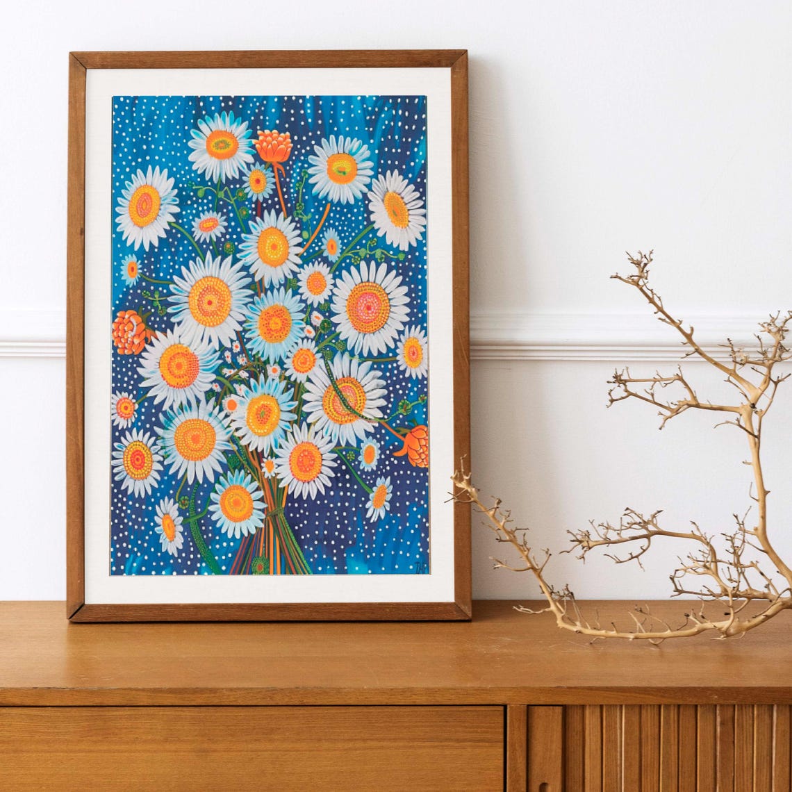 White Daisies with Orange Centers on Starry Blue Night Poster - Image 3