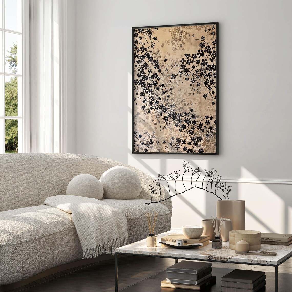 Black Floral Silhouettes on Champagne Botanical Gallery Wall Art