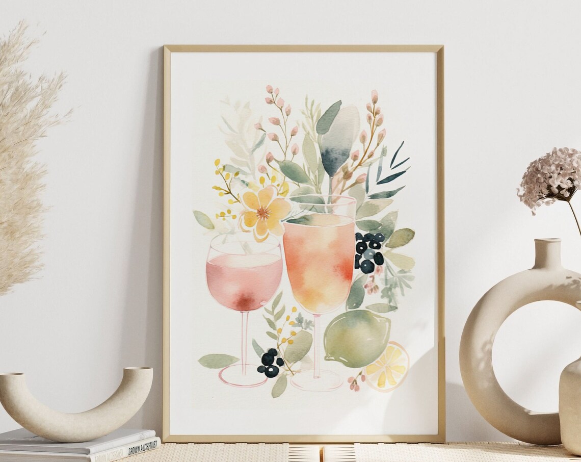 Watercolor Drinks and Flowers, Modern Art Print