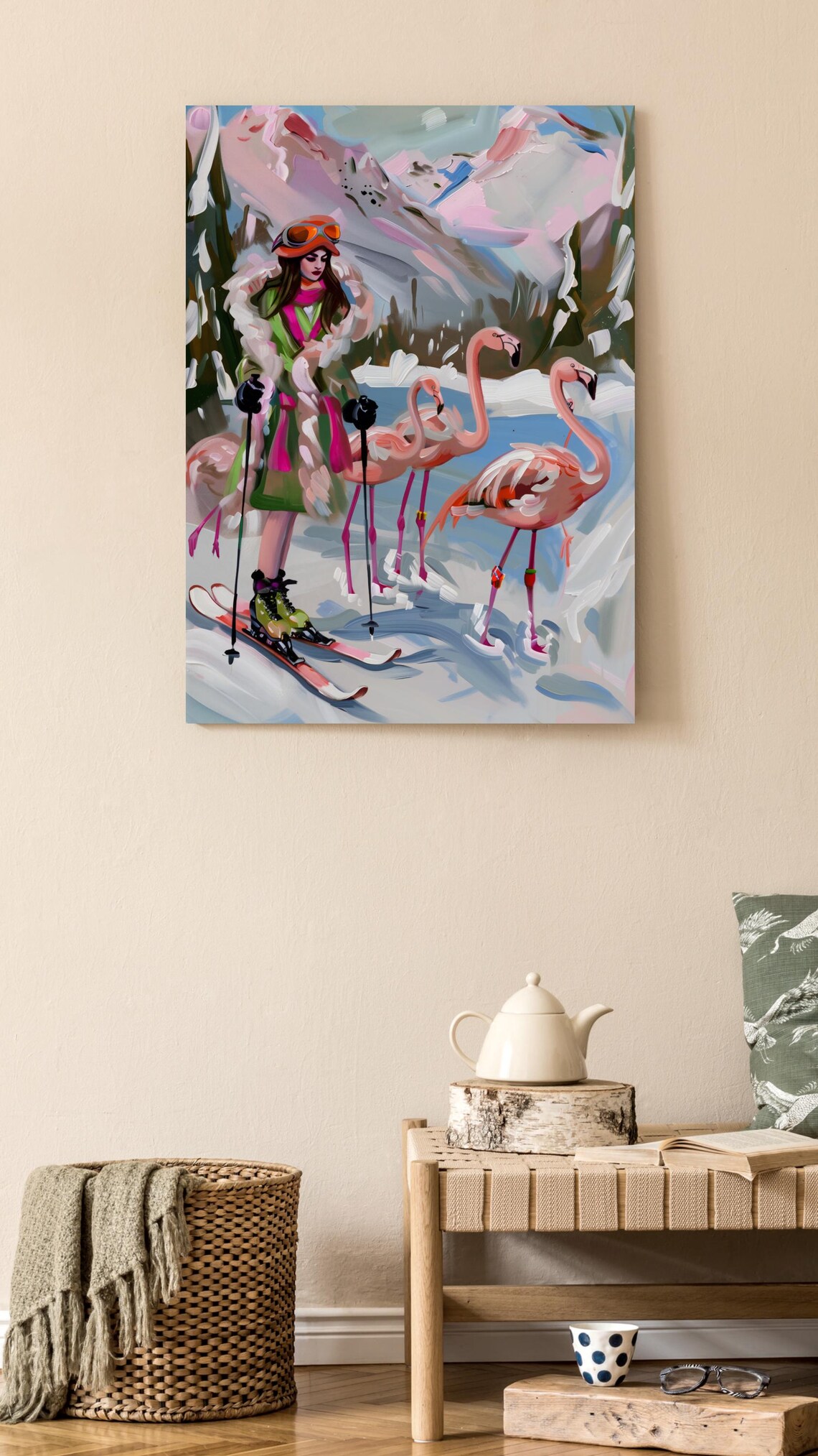 Stylish Skier Woman With Flamingos in a Snowy Mountain Scene Poster - Image 2