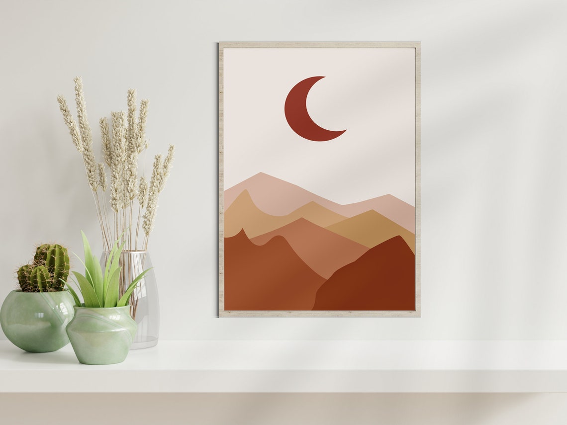 Minimalist Boho Crescent Moon Rising Over Desert Hills Art Poster - Image 2