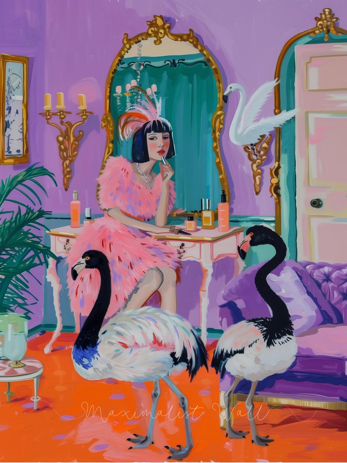 Flapper Lady Applying Makeup with Flamingos at Vanity Poster
