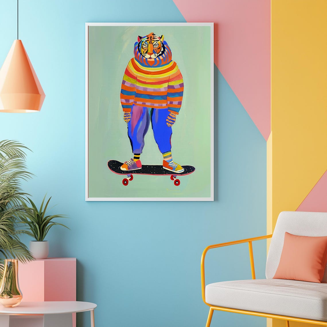 Skateboarding Tiger in Rainbow Sweater Whimsical Animal Poster - Image 2