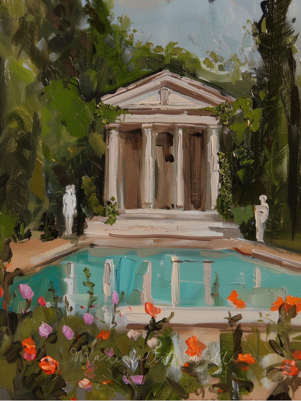 Classical Columned Temple Standing beside a Garden Pool Poster