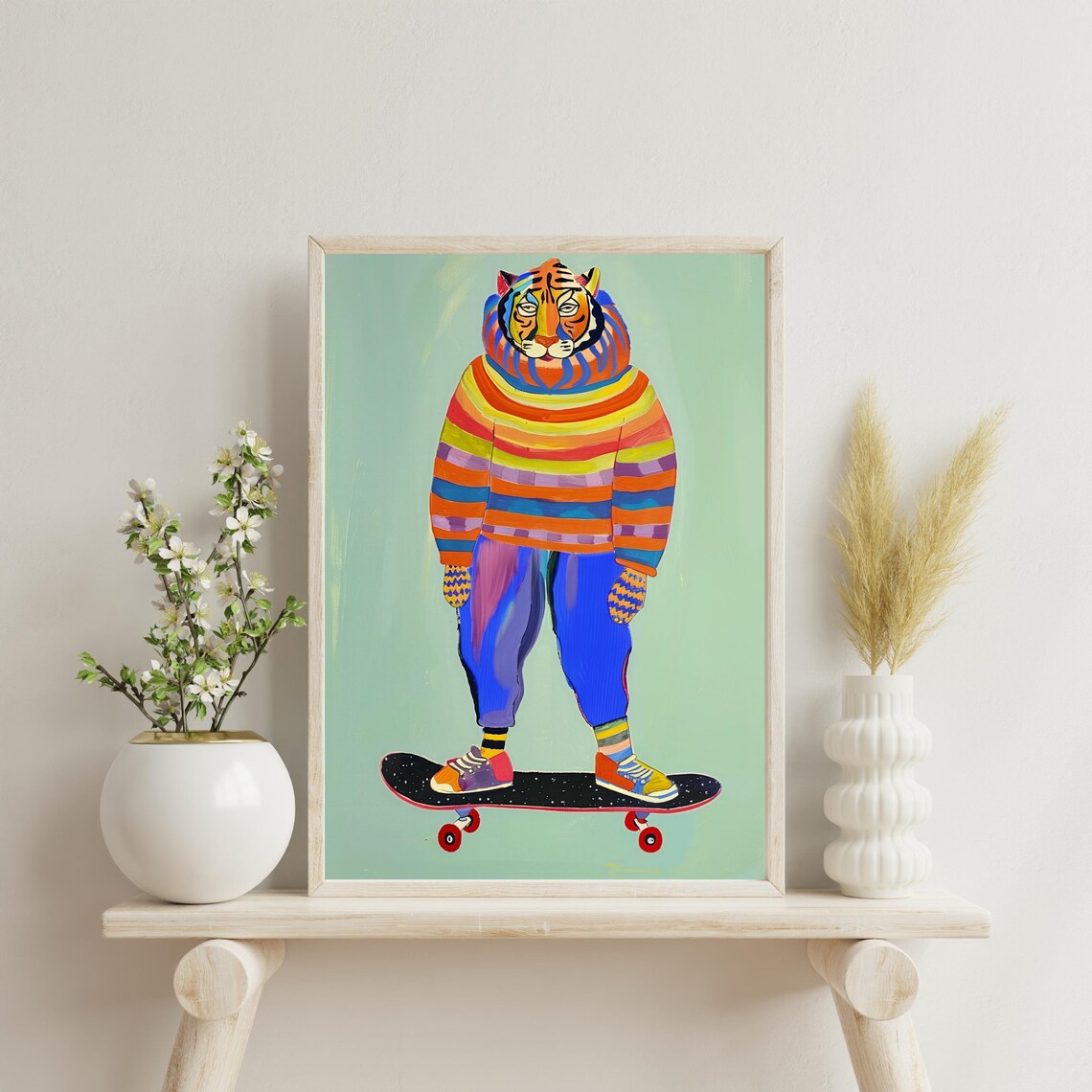Hipster Tiger Skateboarding Art Print, Kids Room