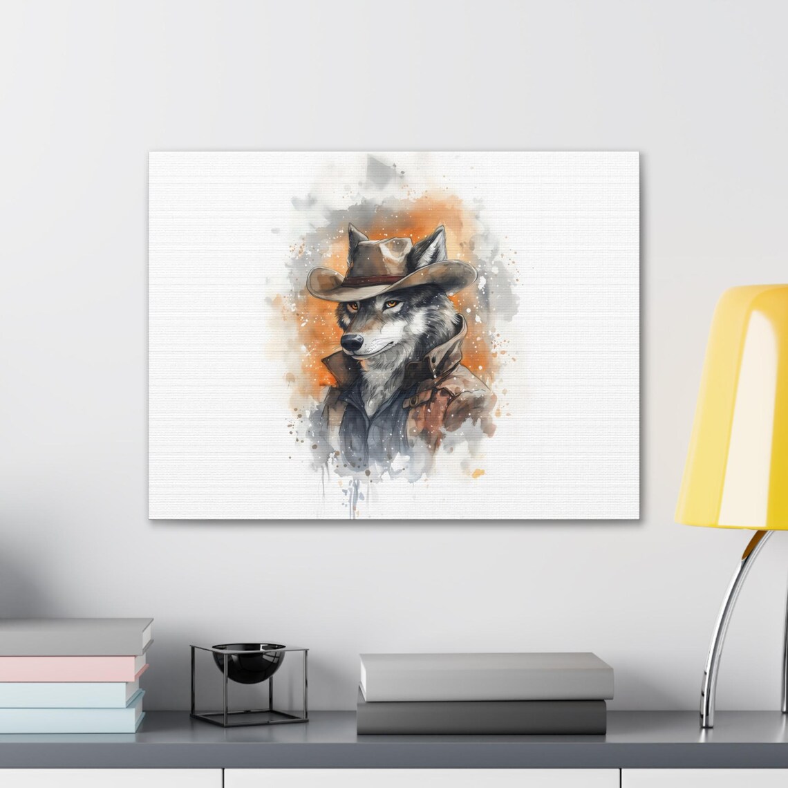 Wolf Cowboy Closeup Watercolor Portrait Amber Eyes Western Wildlife Poster - Image 2