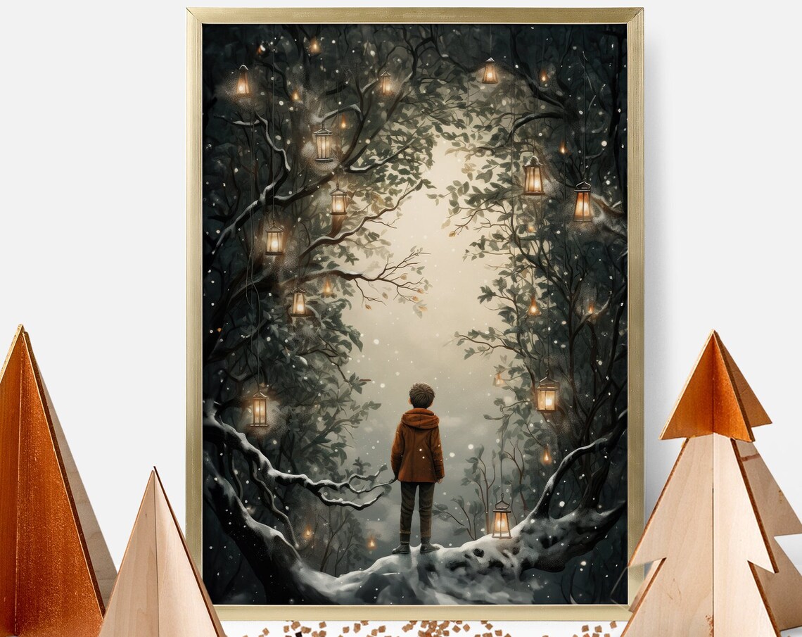 Magical Snowy Forest Lantern Boy Winter Wonderland Scene Poster - Image 4