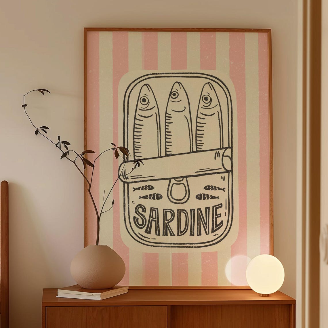 Retro Sardine Tin Illustration On Pink Stripe Kitchen Poster