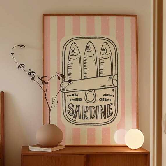 Trendy Striped Tinned Sardines Art Fish Lover Retro Poster Sardine Seafood Home Decor Pink Kitchen Print