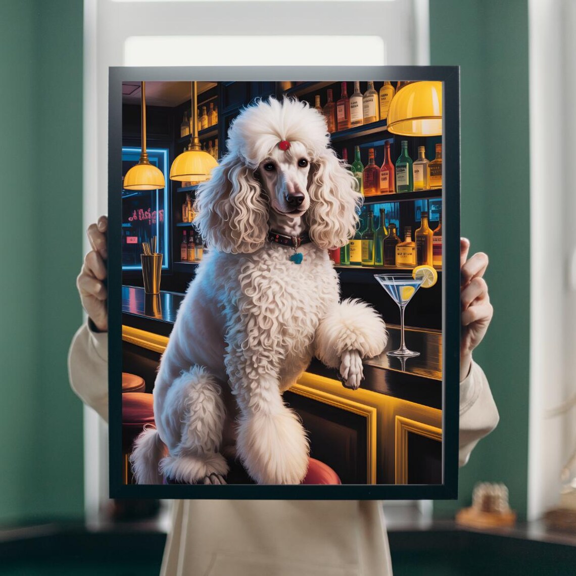 Glamorous White Poodle at Cocktail Bar with Martini Chic Dog Art Poster