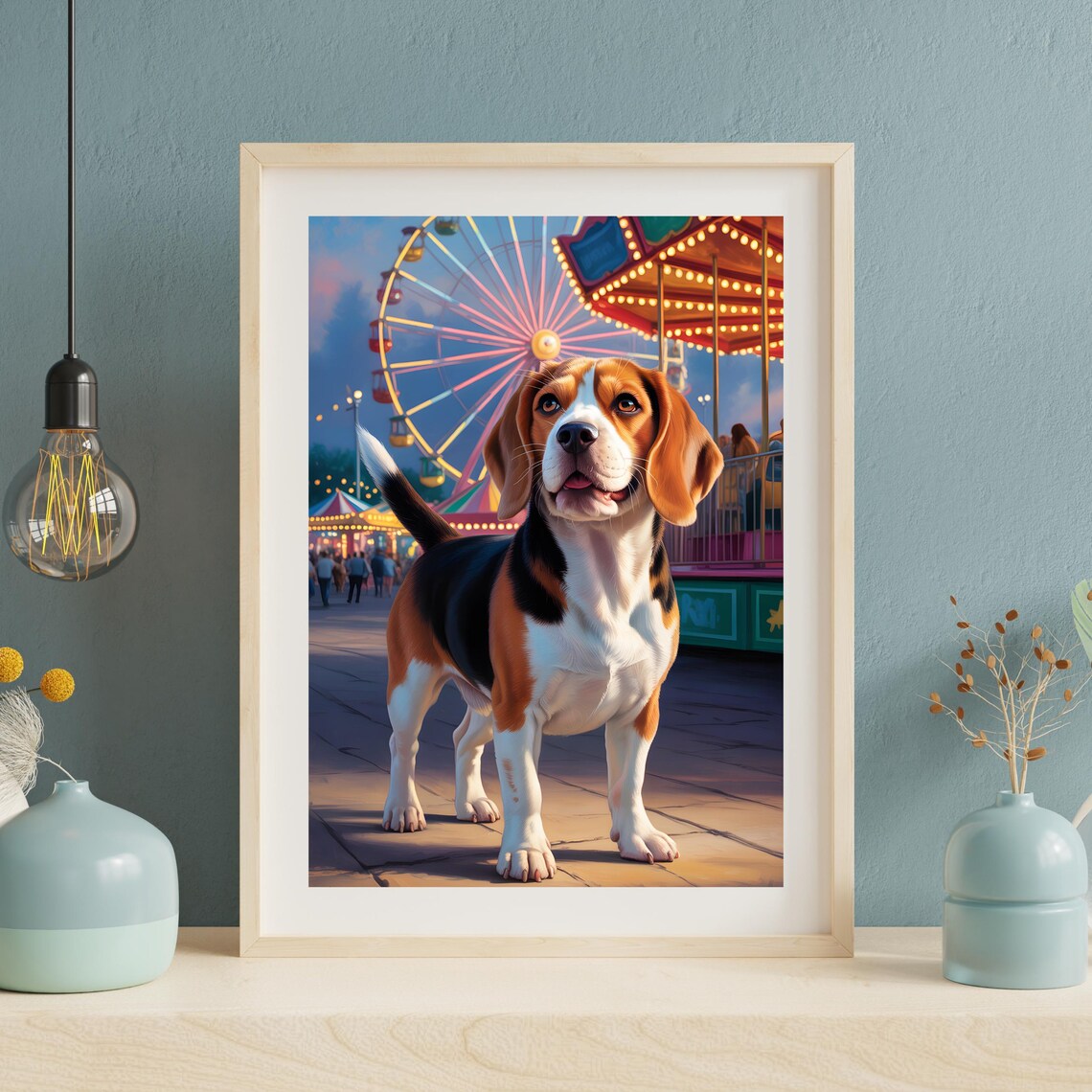 Happy Beagle Puppy at Night Carnival Ferris Wheel Fun Dog Art Poster