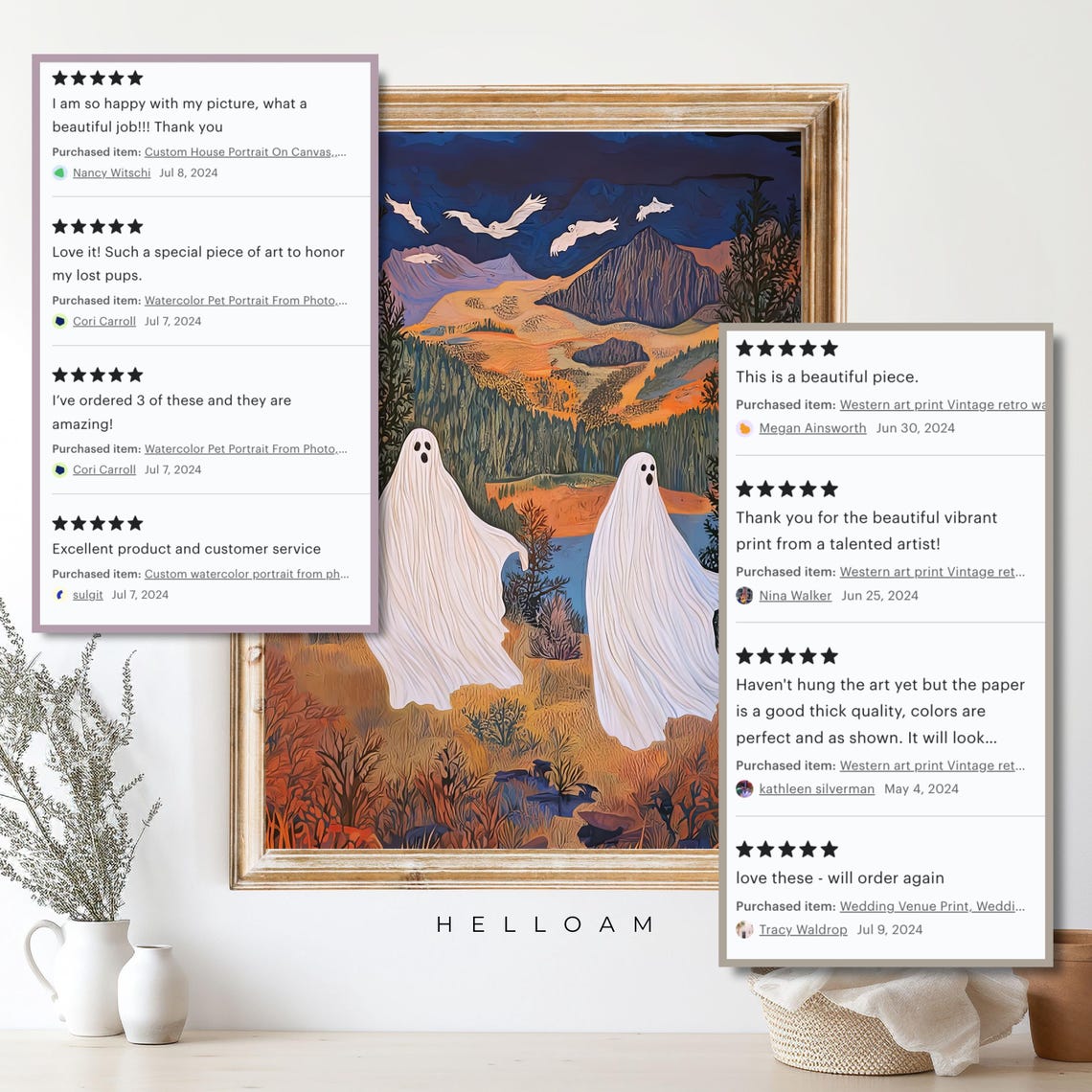 Two Cute Ghosts Moody Autumn Mountain Forest Night Halloween Art Print - Image 4