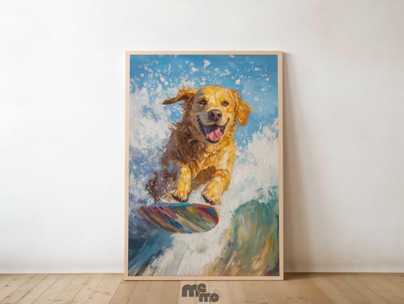 Funny Surfing Dog Wall Art Poster Print Beach Surf Golden Retriever Summer Painting Coastal Home Decor For Pet Lovers Premium Matte Paper