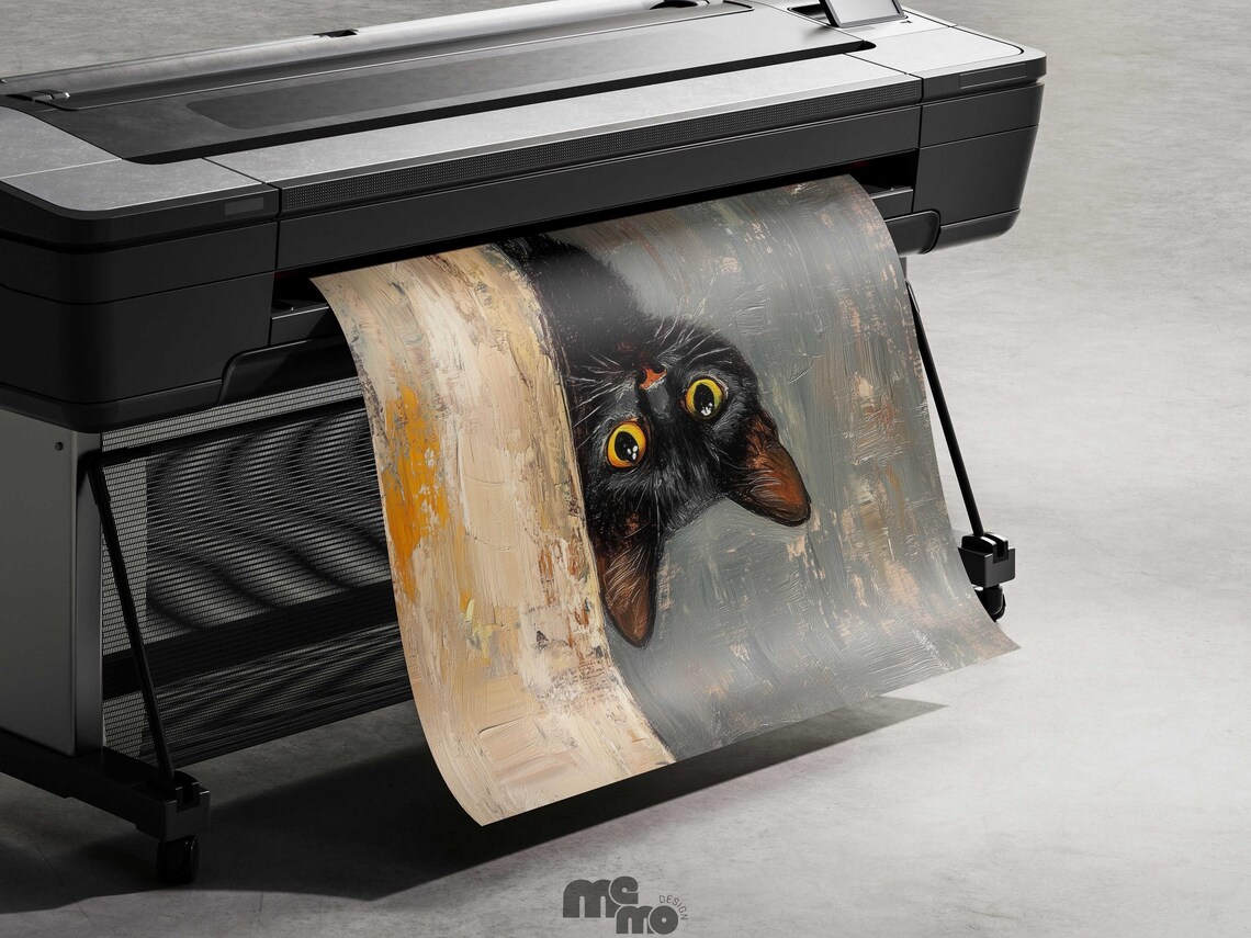 Black Cat Peeking, Funny Curious Cat Oil Painting - Image 4