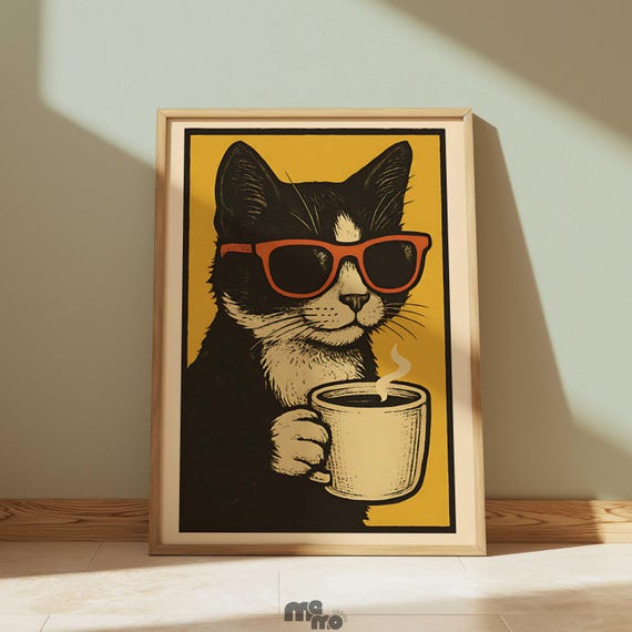 Retro Cat Drinking Coffee Poster Tuxedo Funny Wall Art Vintage Premium Matte Paper Gift For Lovers Home Decor