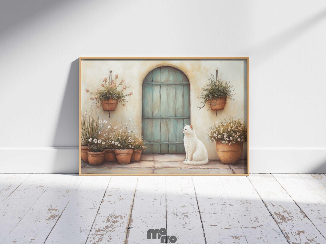 Rustic Cat And Flowers, Mediterranean Boho Art Print - Image 5