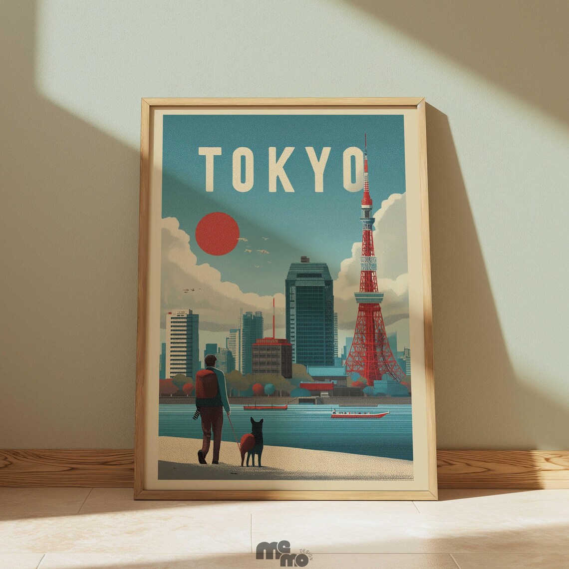 Tokyo Vintage Travel Poster Tower Rising Sun Traveler With Dog