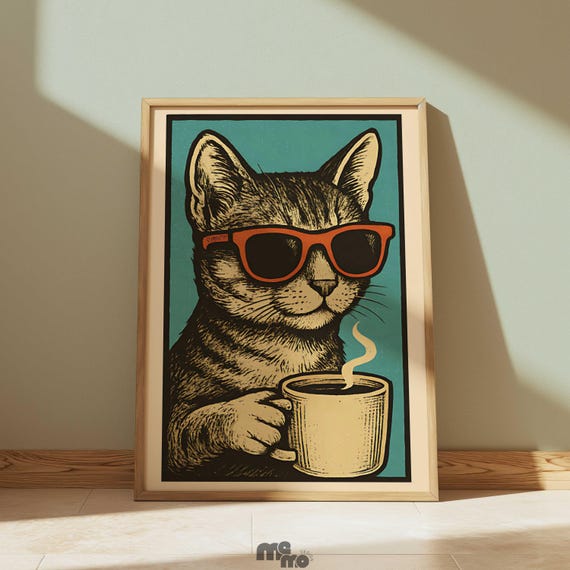 Funny Tabby Cat Drinking Coffee Wall Art Retro Kitten Matte Paper Poster Illustration Vintage Pet Portrait Lovers Decor