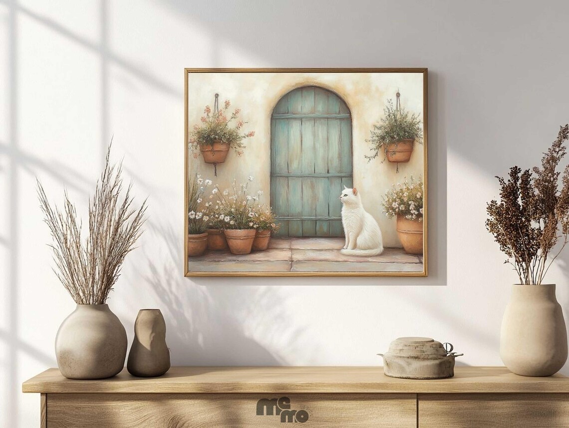 Rustic Cat And Flowers, Mediterranean Boho Art Print - Image 2