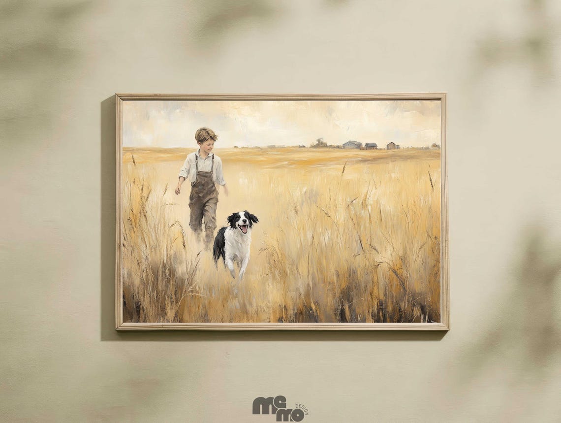 Boy and Dog Wheat Field Rustic Farm Painting Countryside Poster