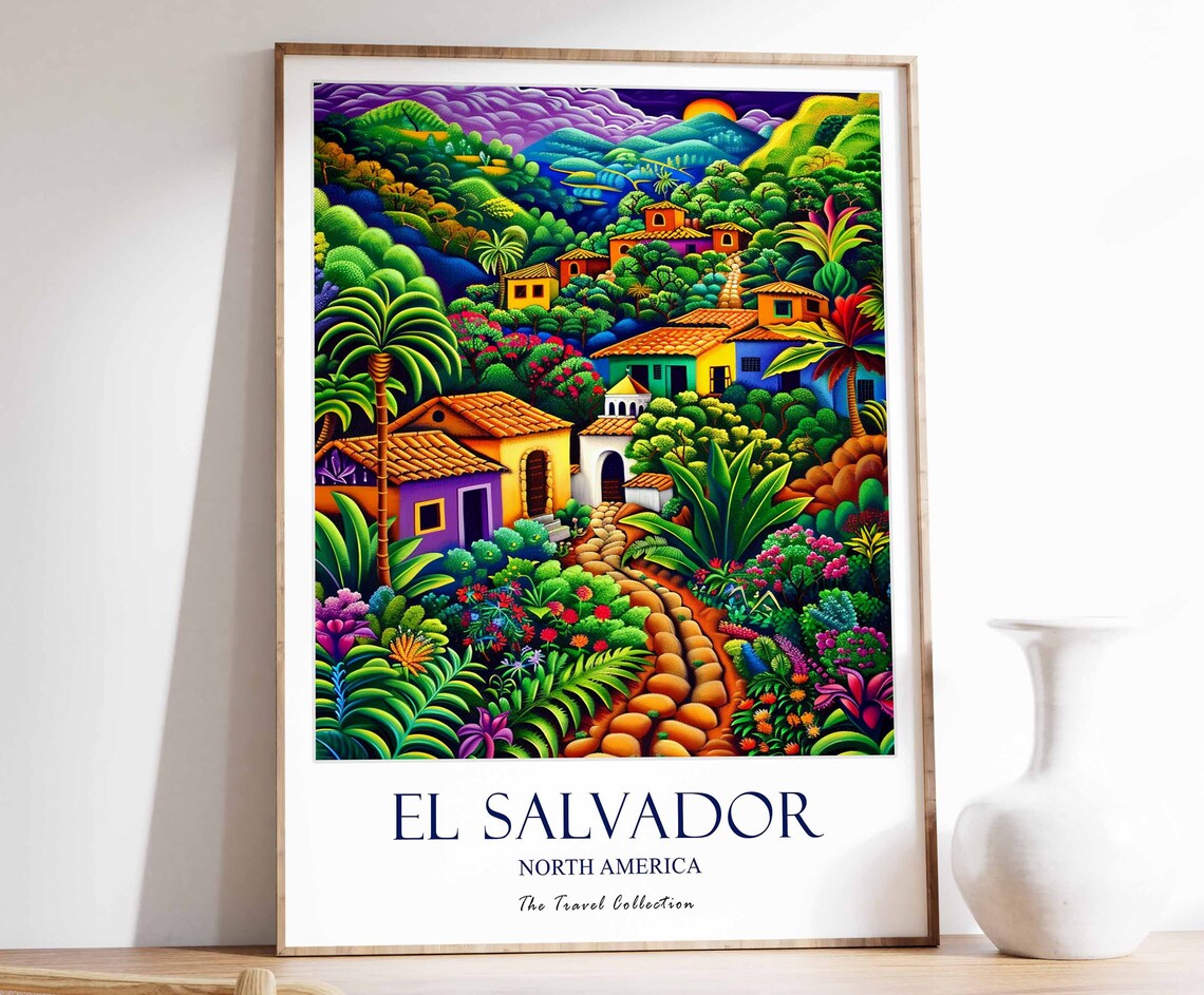 El Salvador Colorful Tropical Village Jungle Travel Poster Art