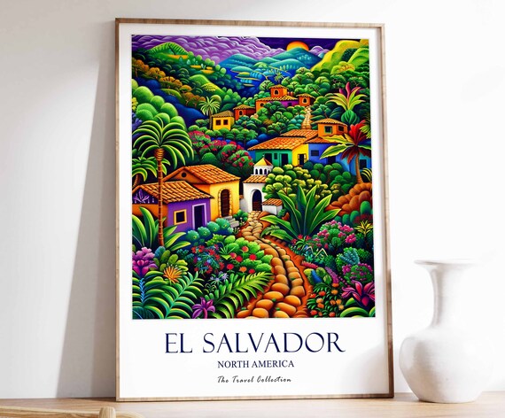 El Salvador Colorful Tropical Village Jungle Travel Poster Art