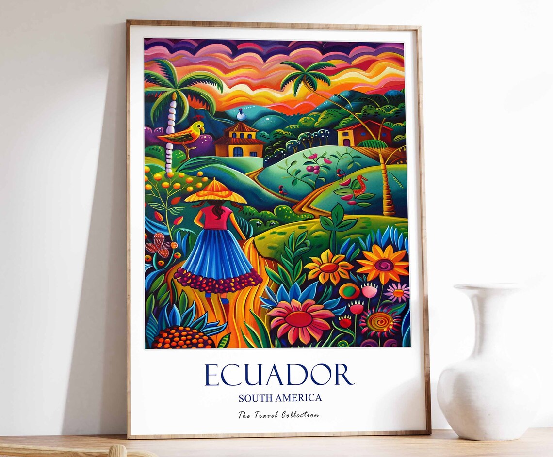 Ecuador South America Folk Woman Flower Field Sunset Art Poster