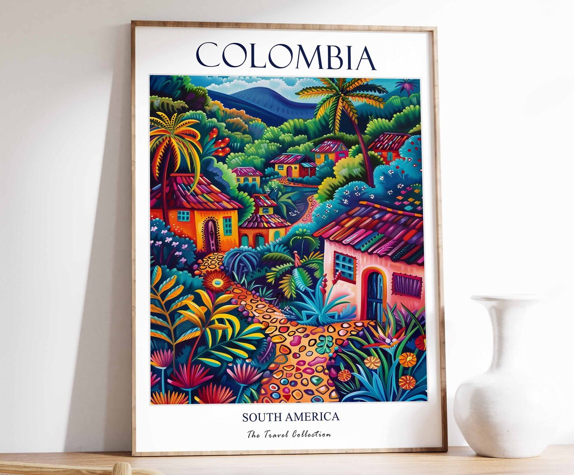Colombia Travel Poster, Tropical Botanical Decor