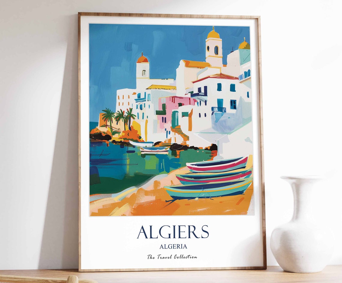 Algiers Algeria Sunlit Bay Whitewashed Houses Boats Travel Poster