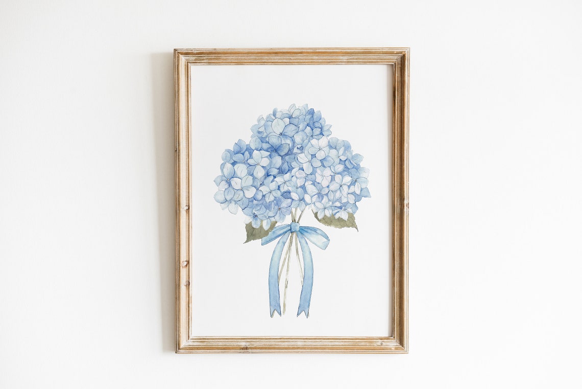 Blue Hydrangea Bouquet Watercolor Floral Botanical Elegant Wall Art - Image 3