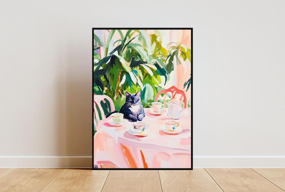Russian Blue Cat Tea Party Colorful Oil Painting Vintage Poster