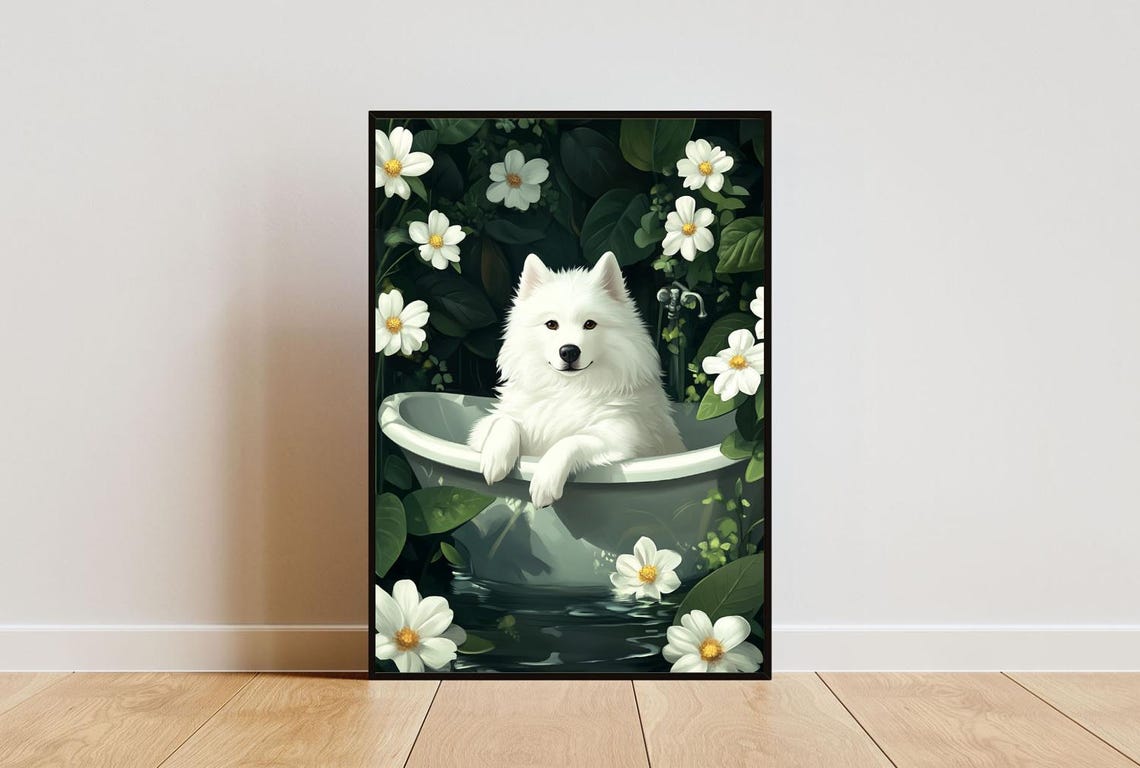 Samoyed Relaxing In Floral Bathtub Cute White Fluffy Dog Poster