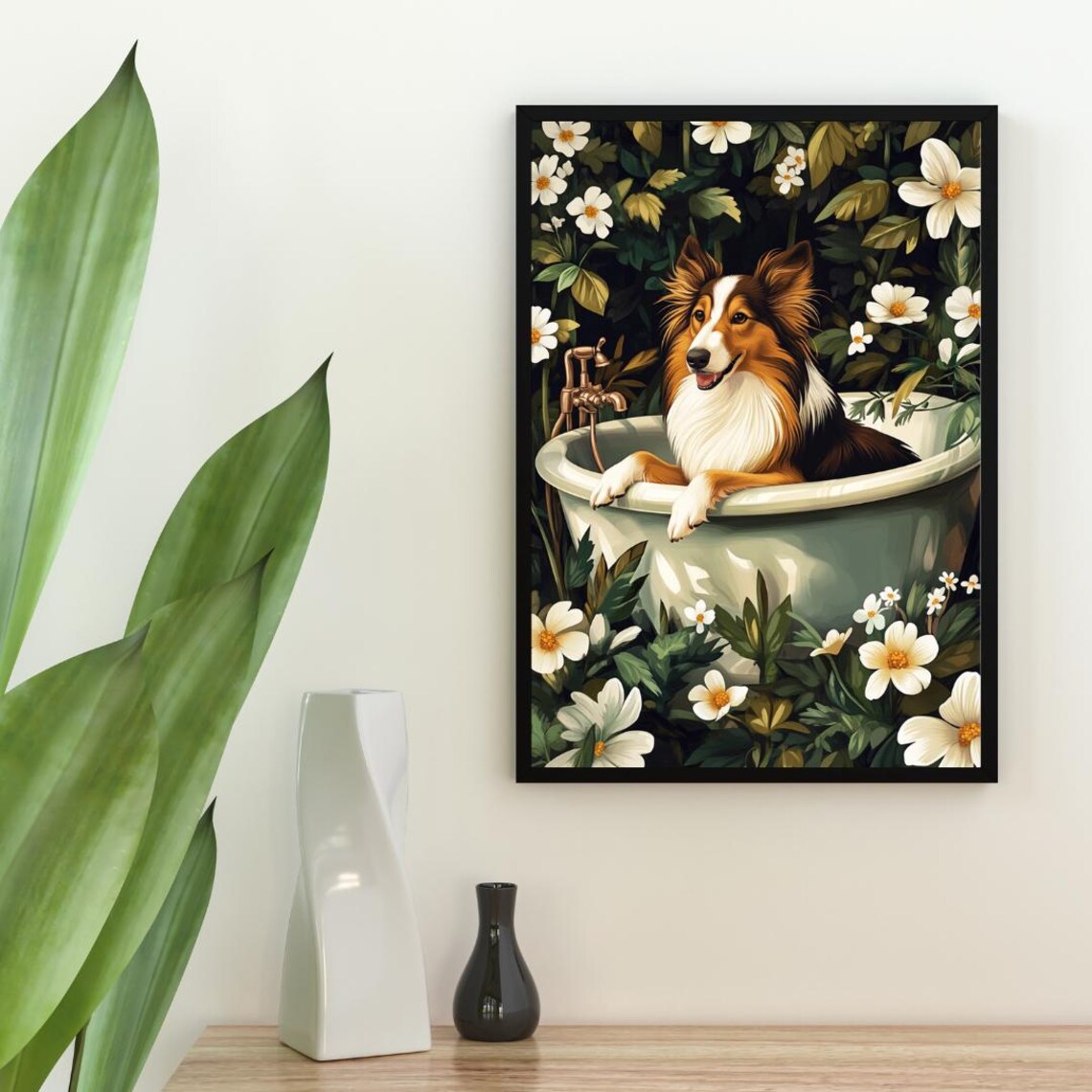 Collie in Bathtub Whimsical Dog Bathroom Floral Jungle Art Poster - Image 2