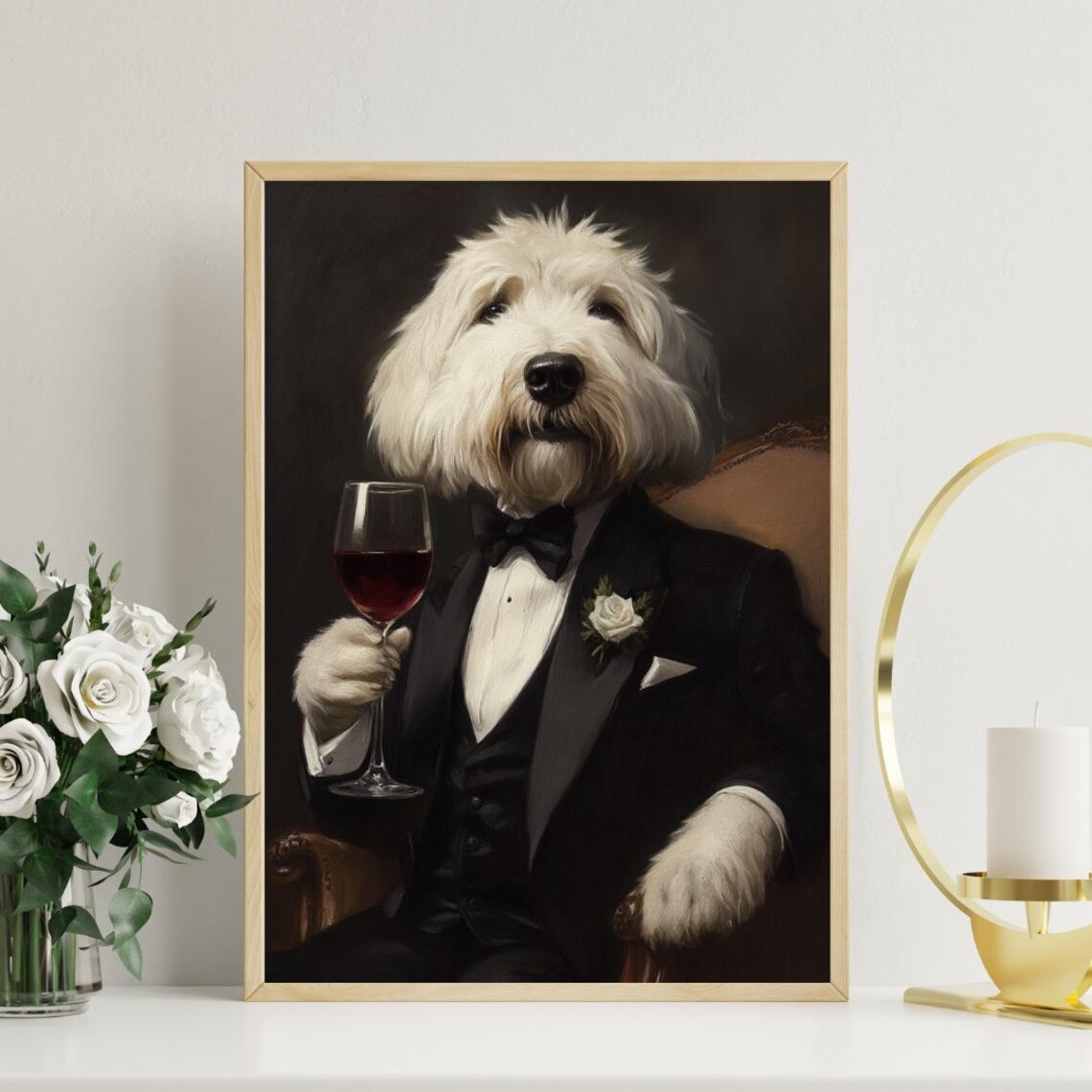 Old English Sheepdog in Tuxedo Portrait Art Print - Image 3