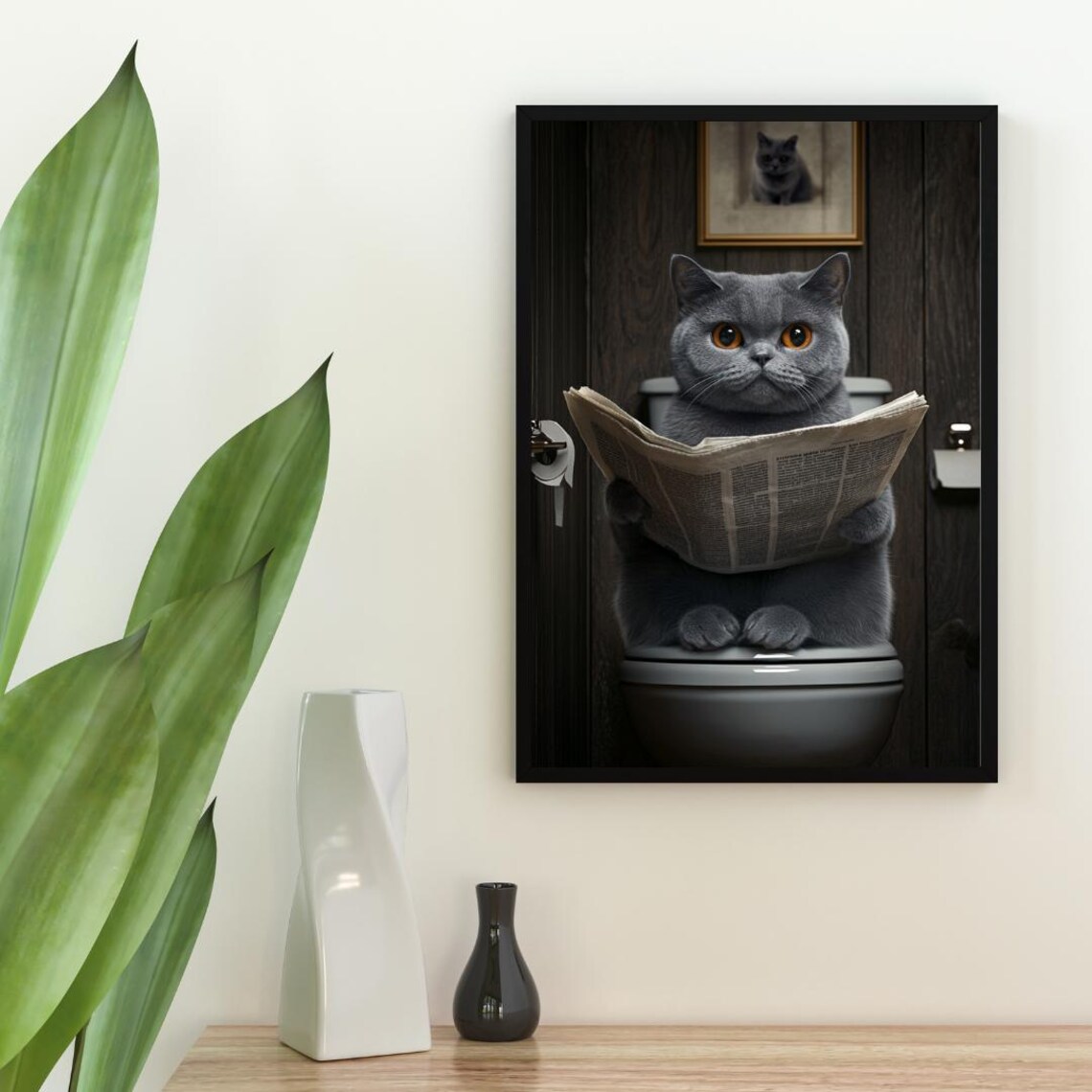 British Shorthair Cat on a Toilet Reading a Newspaper Poster - Image 2