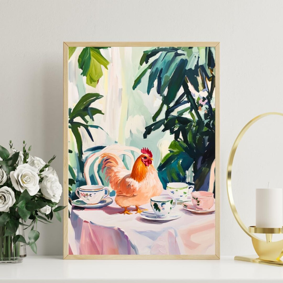 Rooster at Tea Table Whimsical Farm Animal Painting Portrait Poster - Image 3