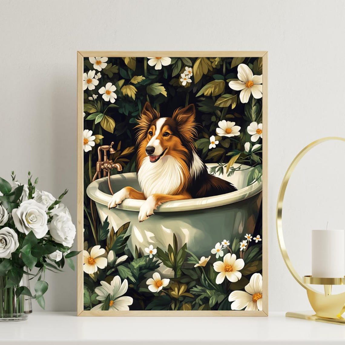 Collie in Bathtub Whimsical Dog Bathroom Floral Jungle Art Poster - Image 3