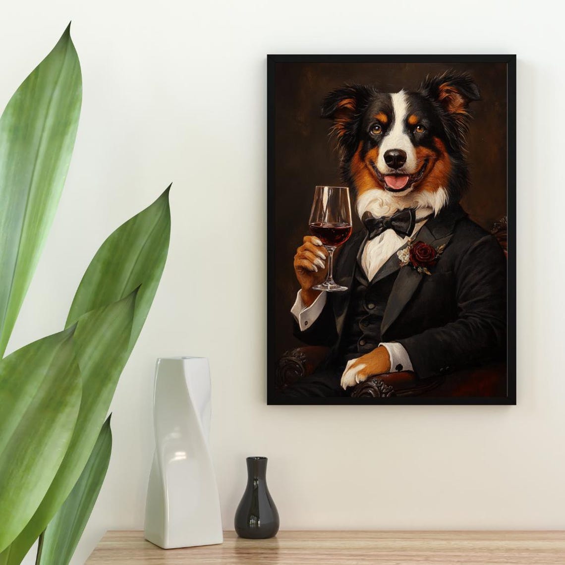 Australian Shepherd Tuxedo Dog Portrait Poster Wine Glass Dapper Decor - Image 2