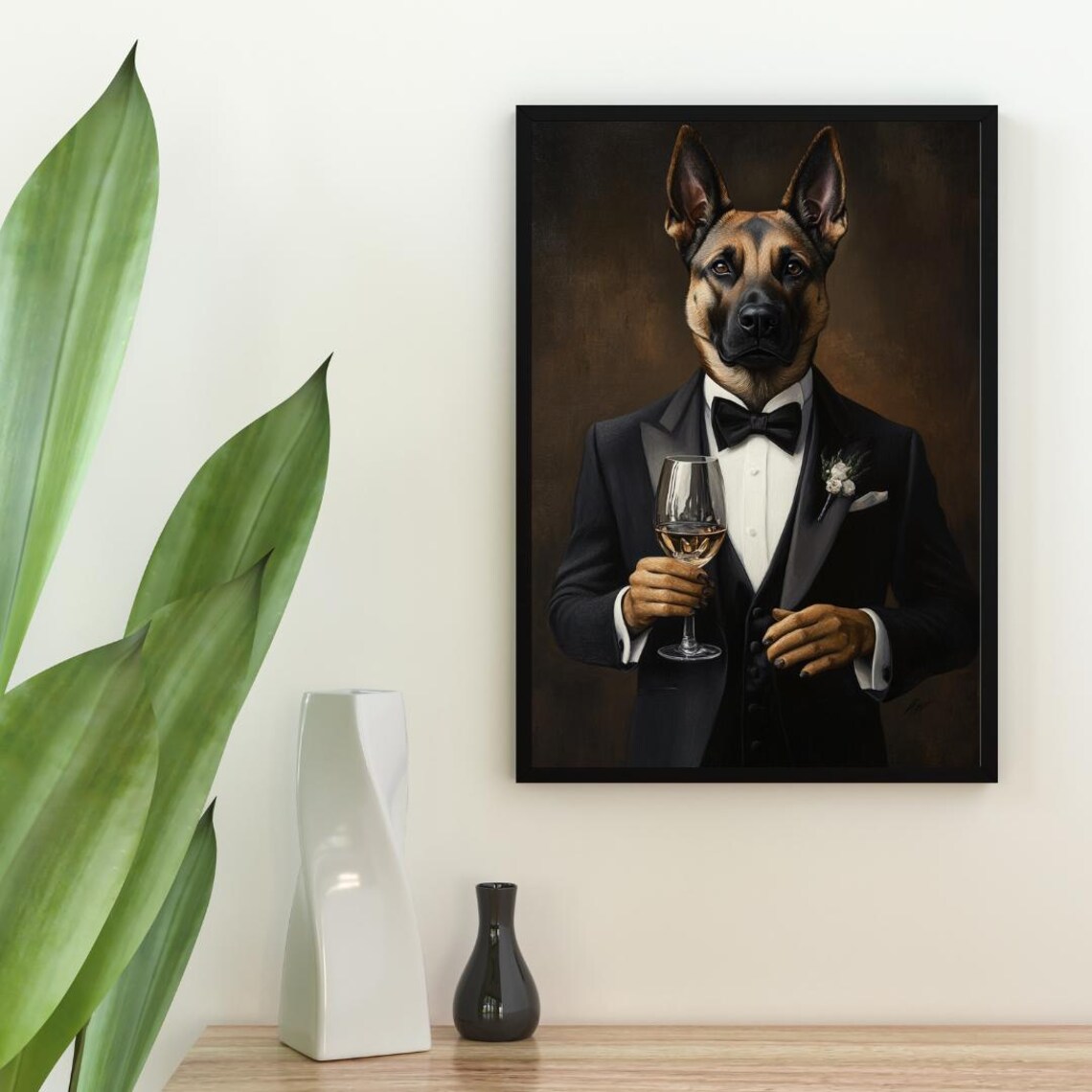 Belgian Malinois In Tuxedo Holding White Wine Formal Dog Portrait Poster - Image 2