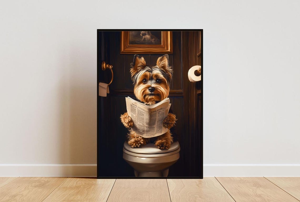 Biewer Terrier on a Toilet Reading a Newspaper in a Bathroom Poster